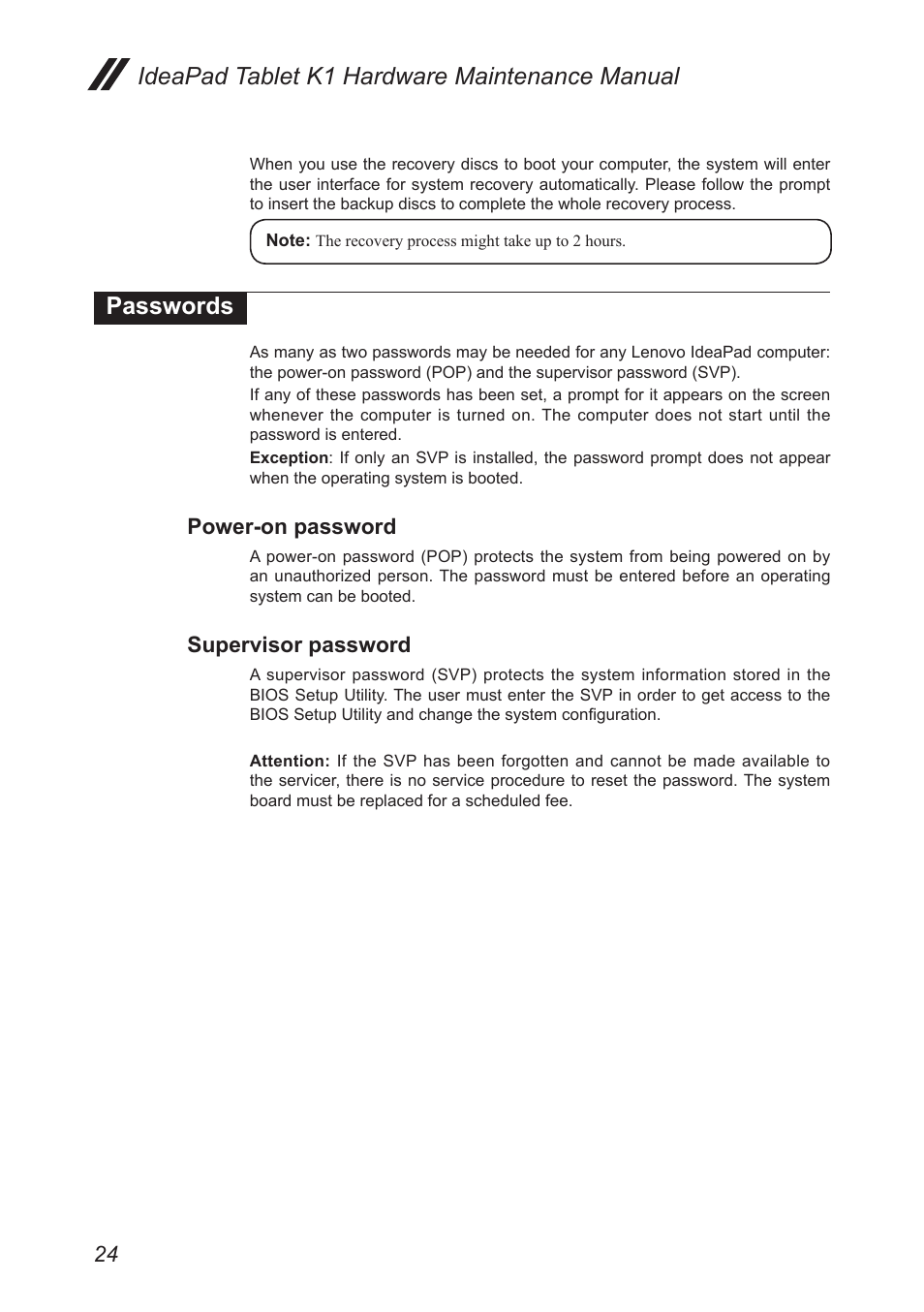 Passwords, Power-on password, Supervisor password | Ideapad tablet k1 hardware maintenance manual | Lenovo IDEAPAD K1 User Manual | Page 28 / 58