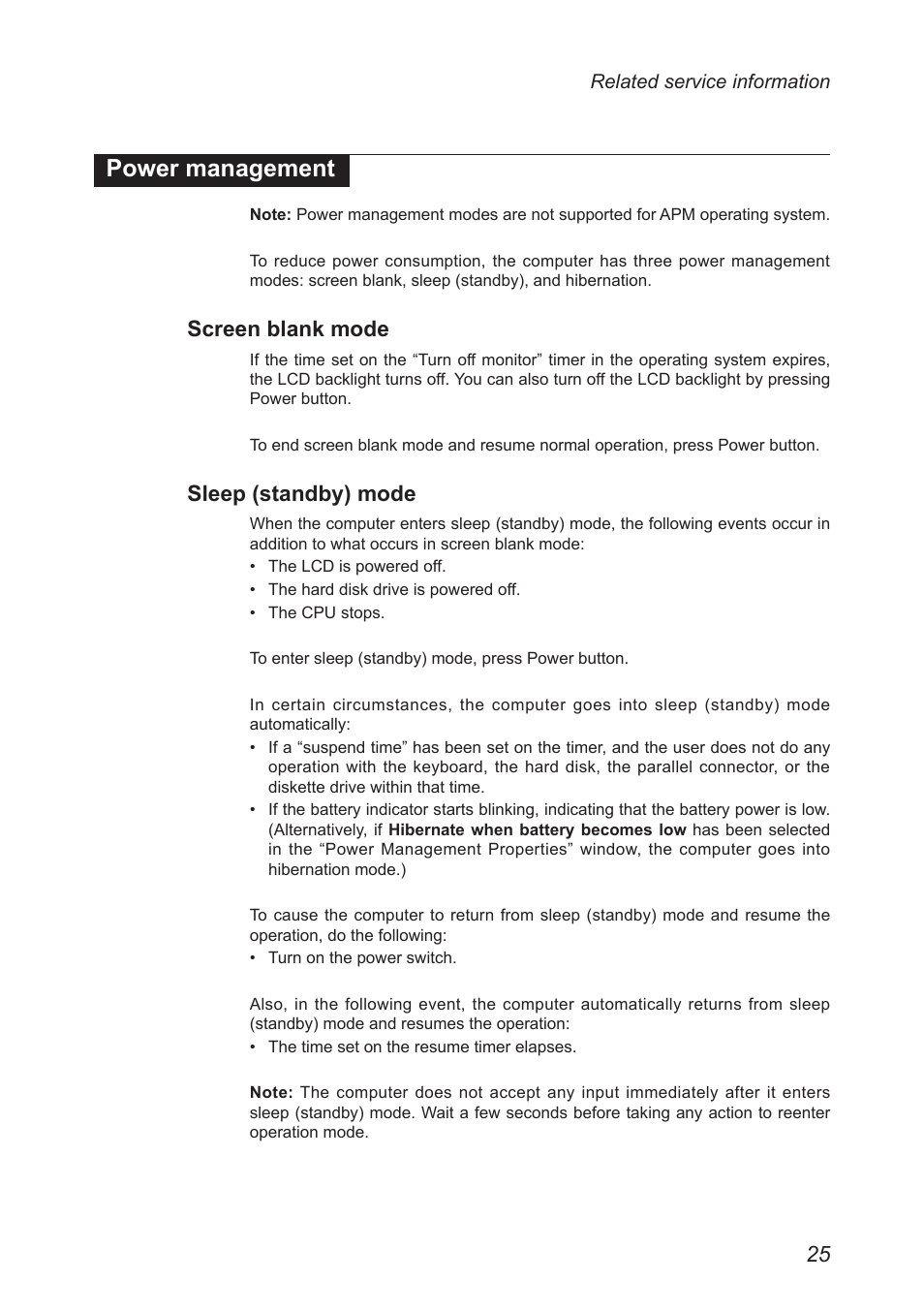 Power management, Screen blank mode, Sleep (standby) mode | Lenovo IDEAPAD K1 User Manual | Page 29 / 58