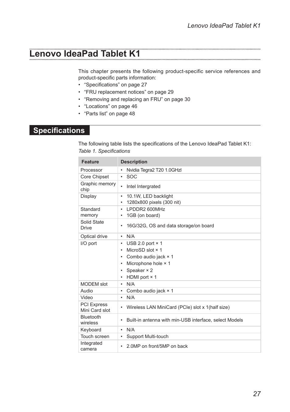 Lenovo ideapad tablet k1, Specifications | Lenovo IDEAPAD K1 User Manual | Page 31 / 58