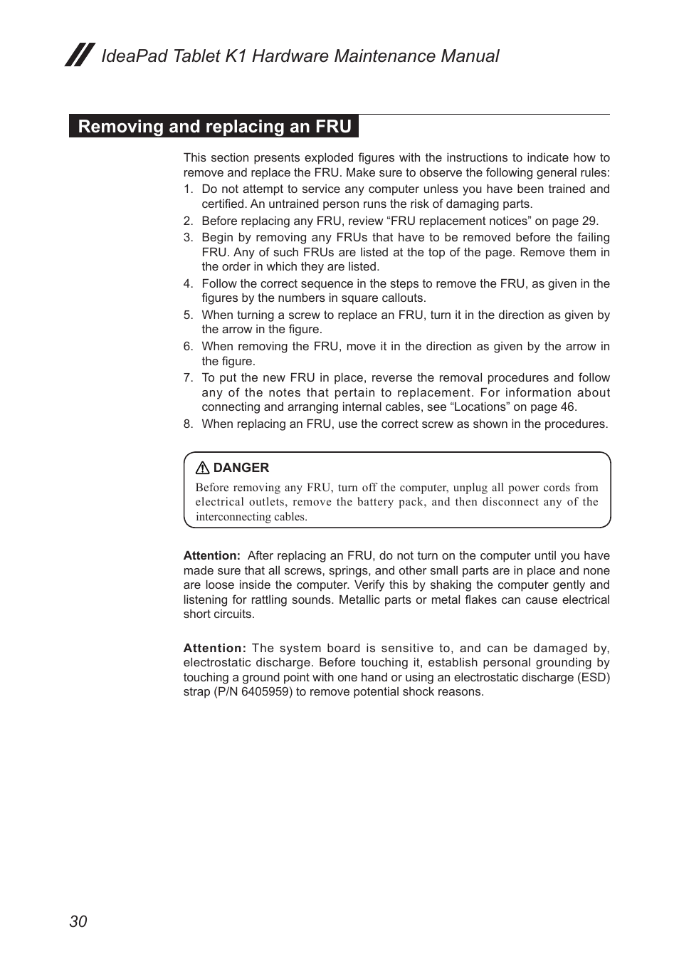 Removing and replacing an fru | Lenovo IDEAPAD K1 User Manual | Page 34 / 58