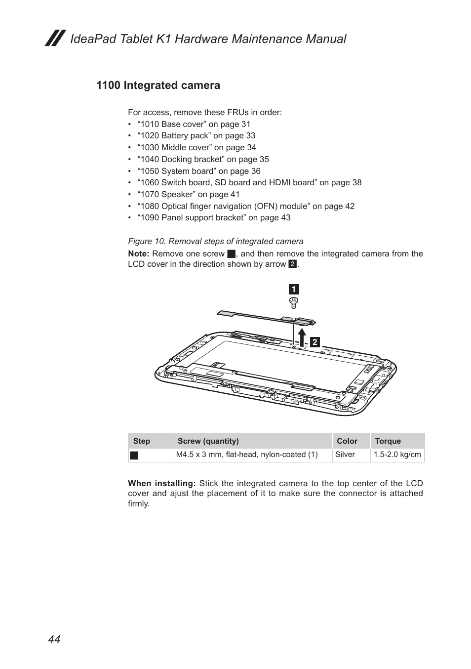 1100 integrated camera, Ideapad tablet k1 hardware maintenance manual | Lenovo IDEAPAD K1 User Manual | Page 48 / 58