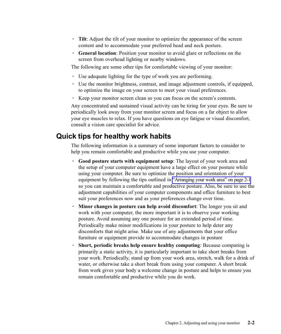 Quick tips for healthy work habits | Lenovo ThinkVision L171p User Manual | Page 13 / 35