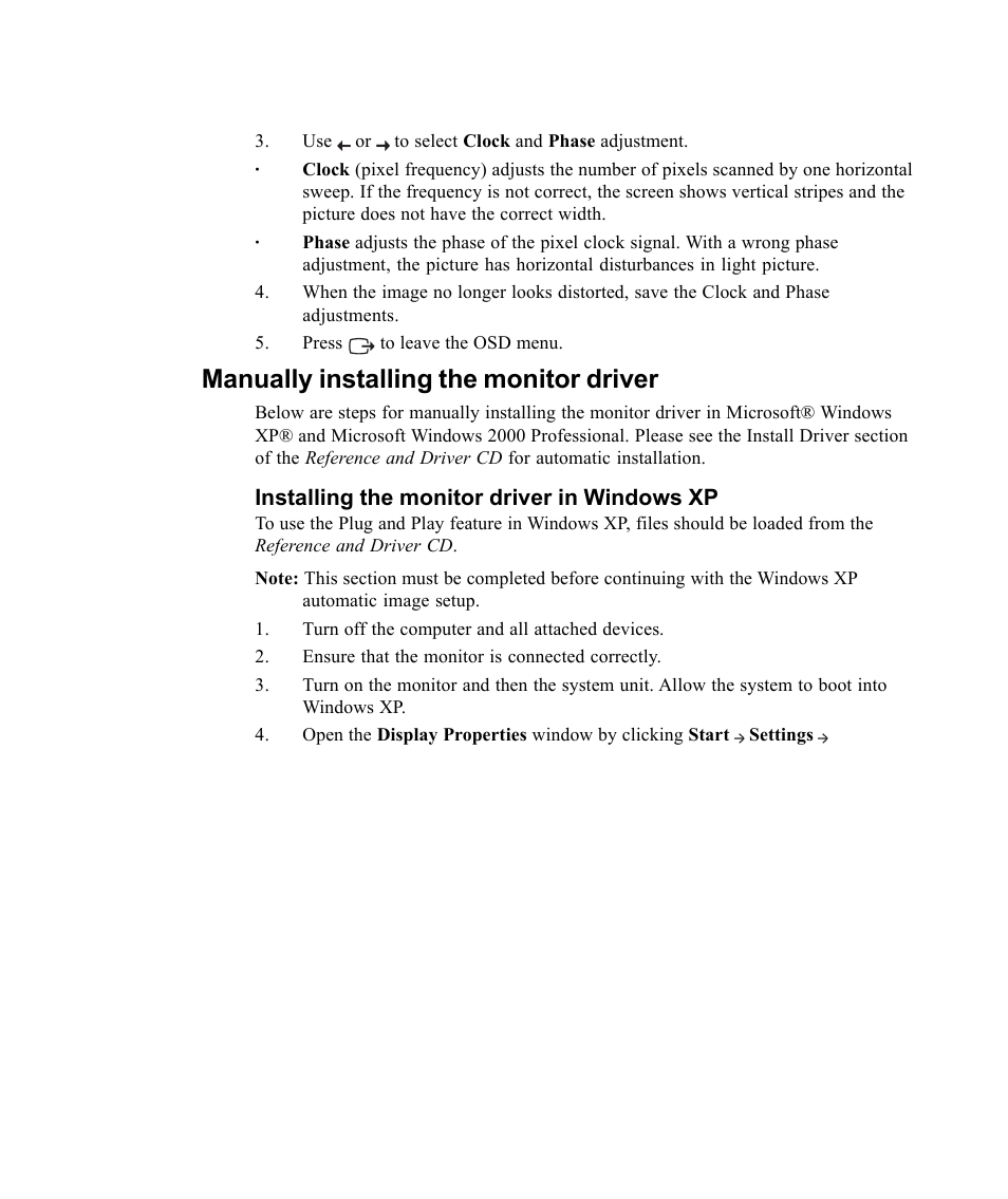 Manually installing the monitor driver, Installing the monitor driver in windows xp | Lenovo ThinkVision L171p User Manual | Page 25 / 35