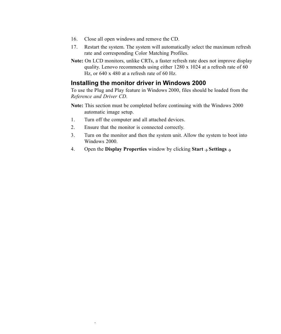 Installing the monitor driver in windows 2000 | Lenovo ThinkVision L171p User Manual | Page 26 / 35