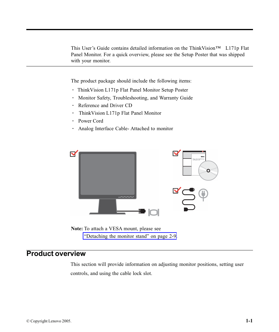 Chapter 1. getting started, Shipping contents, Product overview | Lenovo ThinkVision L171p User Manual | Page 5 / 35
