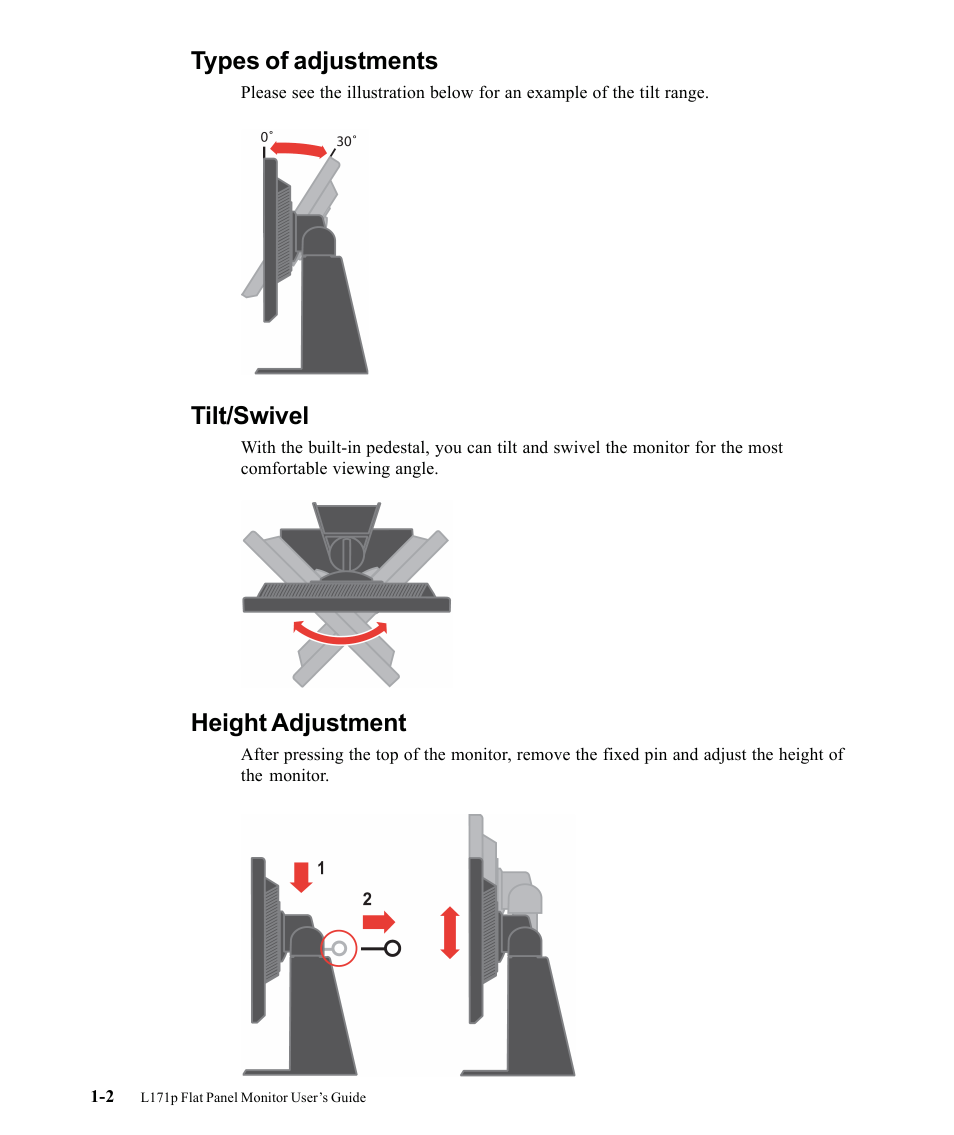 Types of adjustments, Tilt/swivel, Height adjustment | Lenovo ThinkVision L171p User Manual | Page 6 / 35