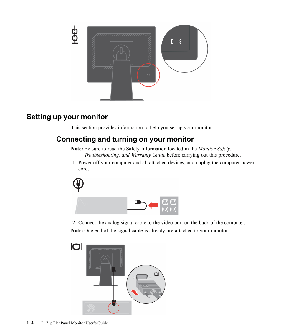 Setting up your monitor, Connecting and turning on your monitor | Lenovo ThinkVision L171p User Manual | Page 8 / 35