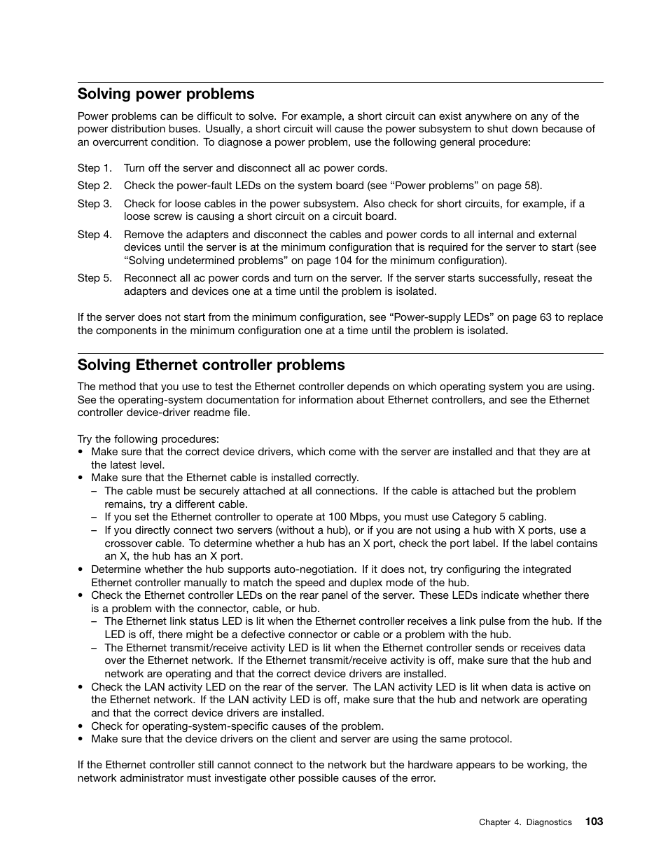 Solving power problems, Solving ethernet controller problems, Solving | Lenovo 6532 User Manual | Page 111 / 240