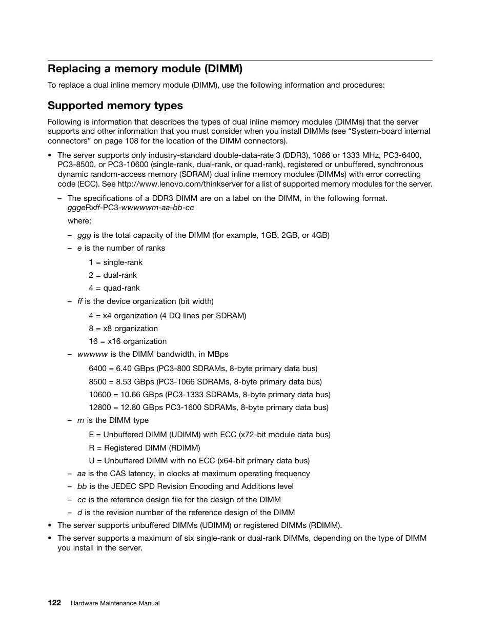Replacing a memory module (dimm), Supported memory types | Lenovo 6532 User Manual | Page 130 / 240