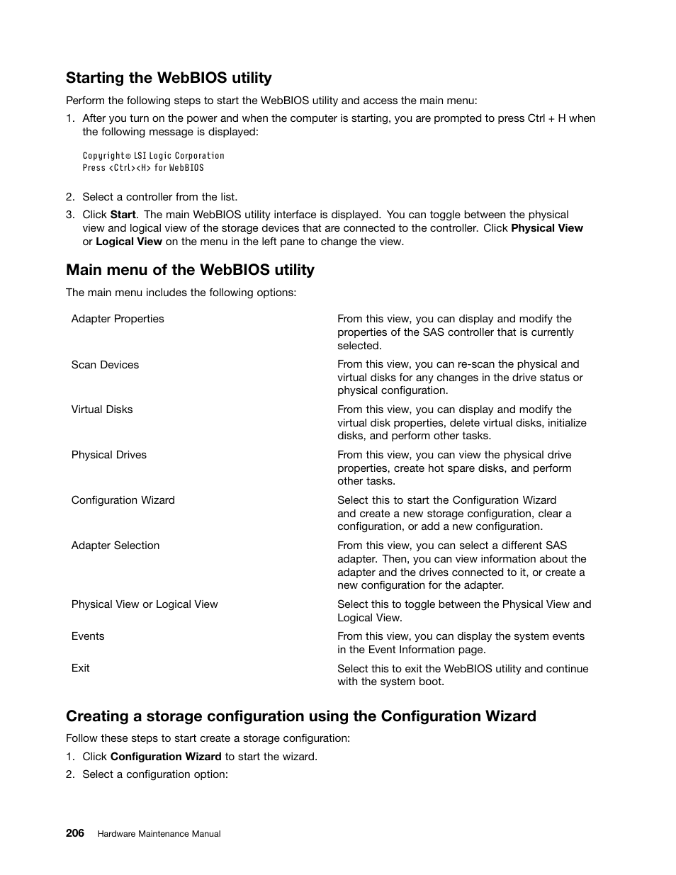 Starting the webbios utility, Main menu of the webbios utility | Lenovo 6532 User Manual | Page 214 / 240