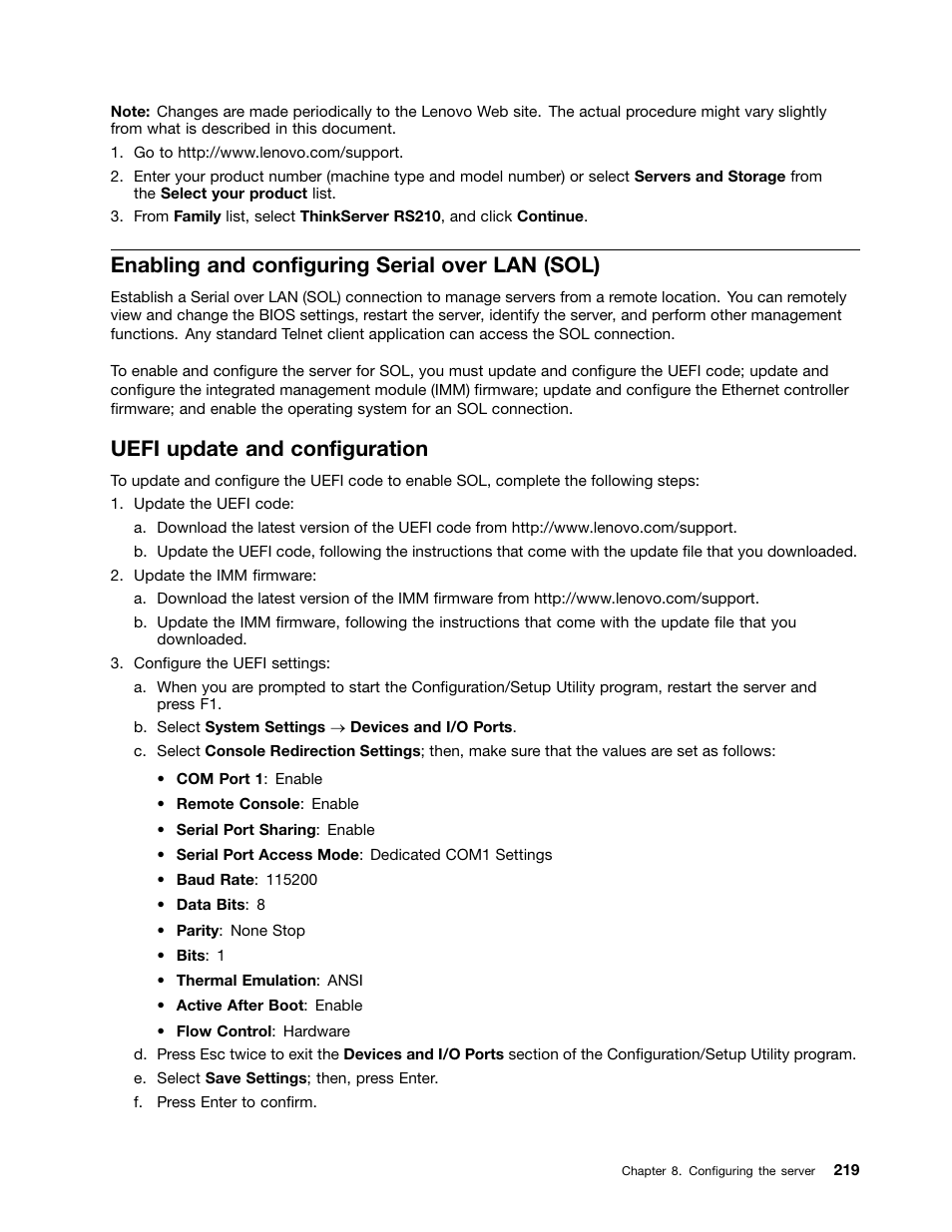 Enabling and configuring serial over lan (sol), Uefi update and configuration | Lenovo 6532 User Manual | Page 227 / 240