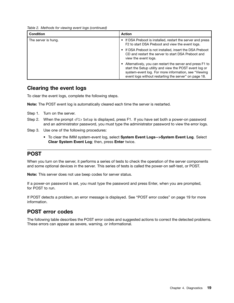 Clearing the event logs, Post, Post error codes | Lenovo 6532 User Manual | Page 27 / 240