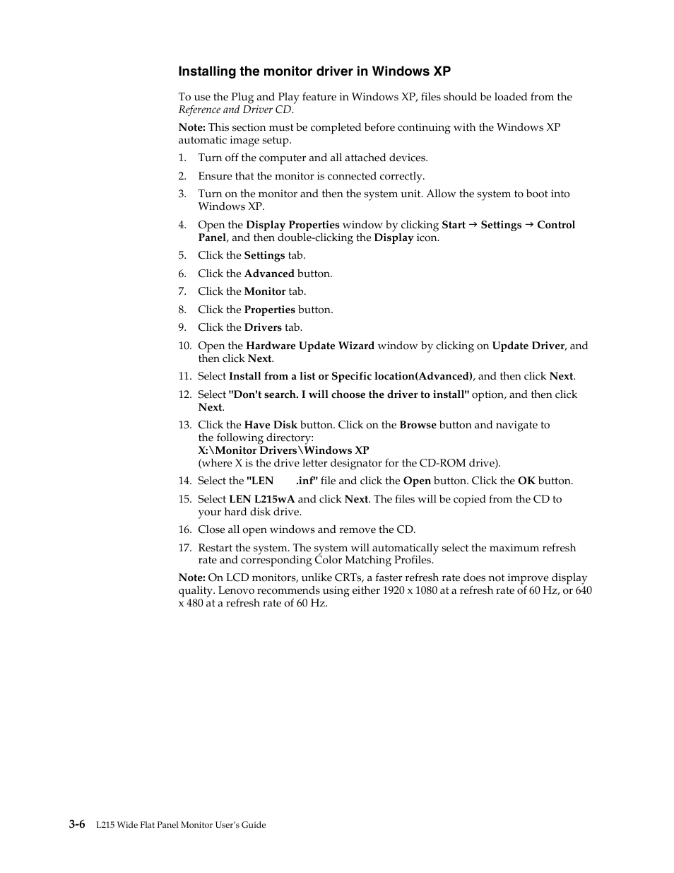Installing the monitor driver in windows xp | Lenovo L215 User Manual | Page 25 / 33