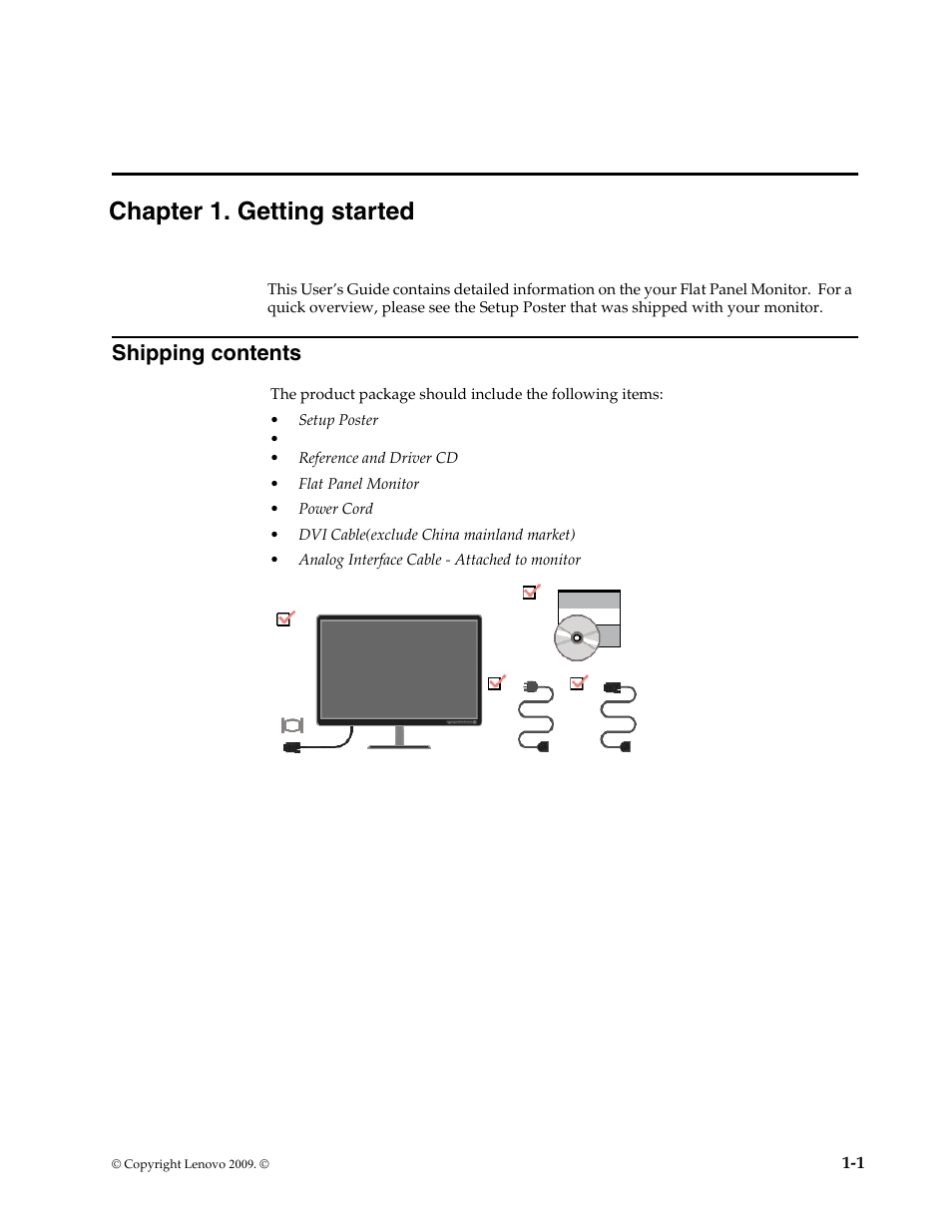 Chapter 1. getting started, Shipping contents, Attaching the base and handling your monitor | Shipping contents -1, Attaching the base and handling your monitor -2 | Lenovo L215 User Manual | Page 5 / 33
