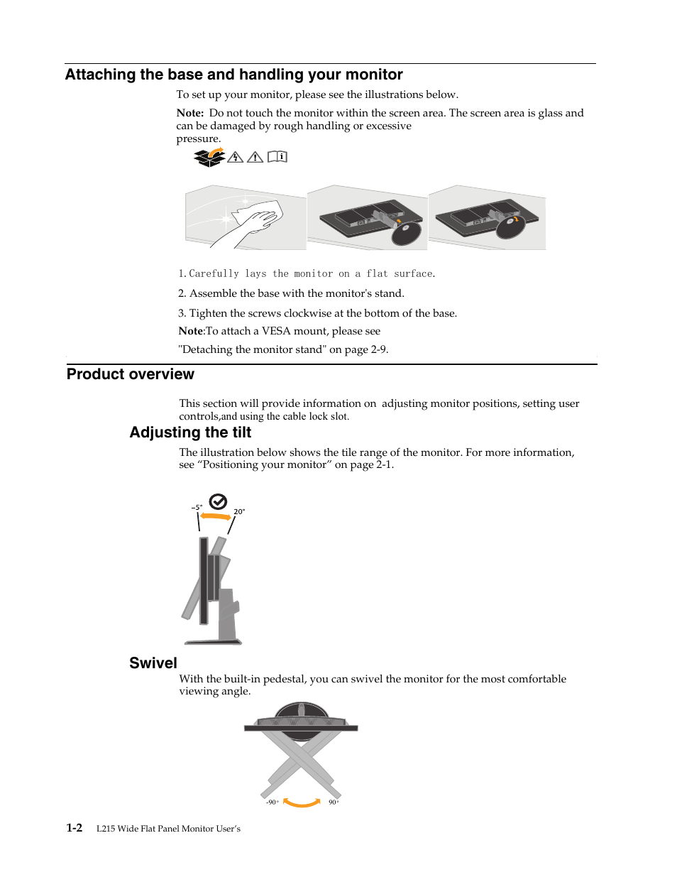Product overview, Adjusting the tilt, Swivel | Monitor controls, Product overview -2, Adujusting the tilt, Attaching the base and handling your monitor | Lenovo L215 User Manual | Page 6 / 33