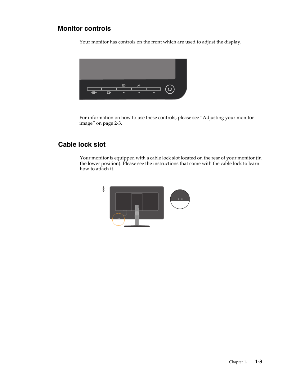 Cable lock slot, Monitor controls | Lenovo L215 User Manual | Page 7 / 33