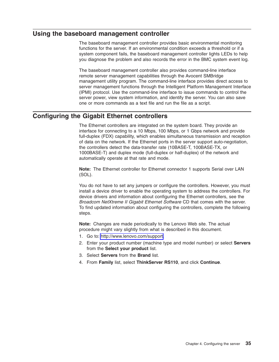 Using the baseboard management controller, Configuring the gigabit ethernet controllers, Using | Baseboard, Management, Controller, Configuring, Gigabit, Ethernet, Controllers | Lenovo 6435 User Manual | Page 49 / 88