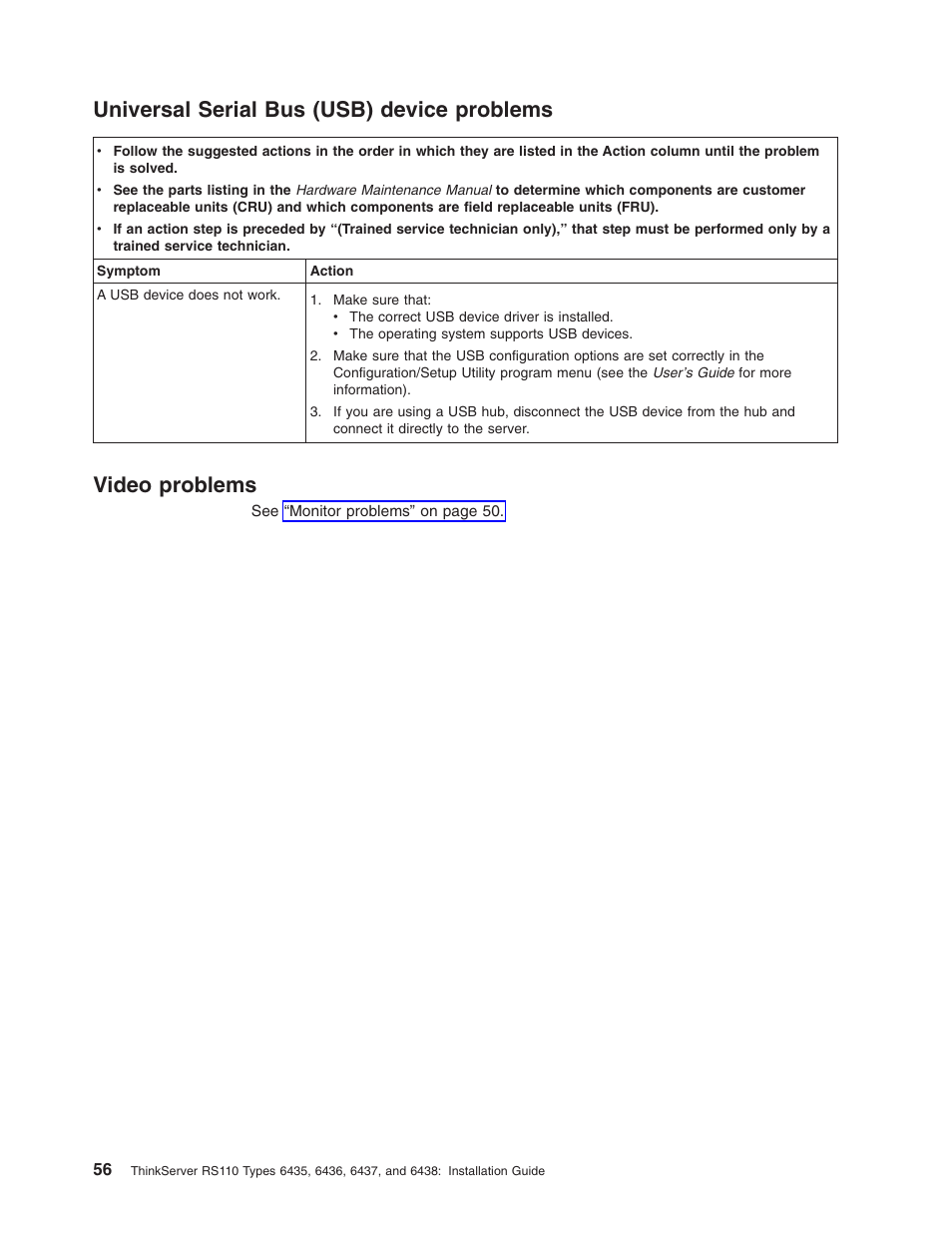 Universal serial bus (usb) device problems, Video problems, Universal | Serial, Usb), Device, Problems, Video | Lenovo 6435 User Manual | Page 70 / 88