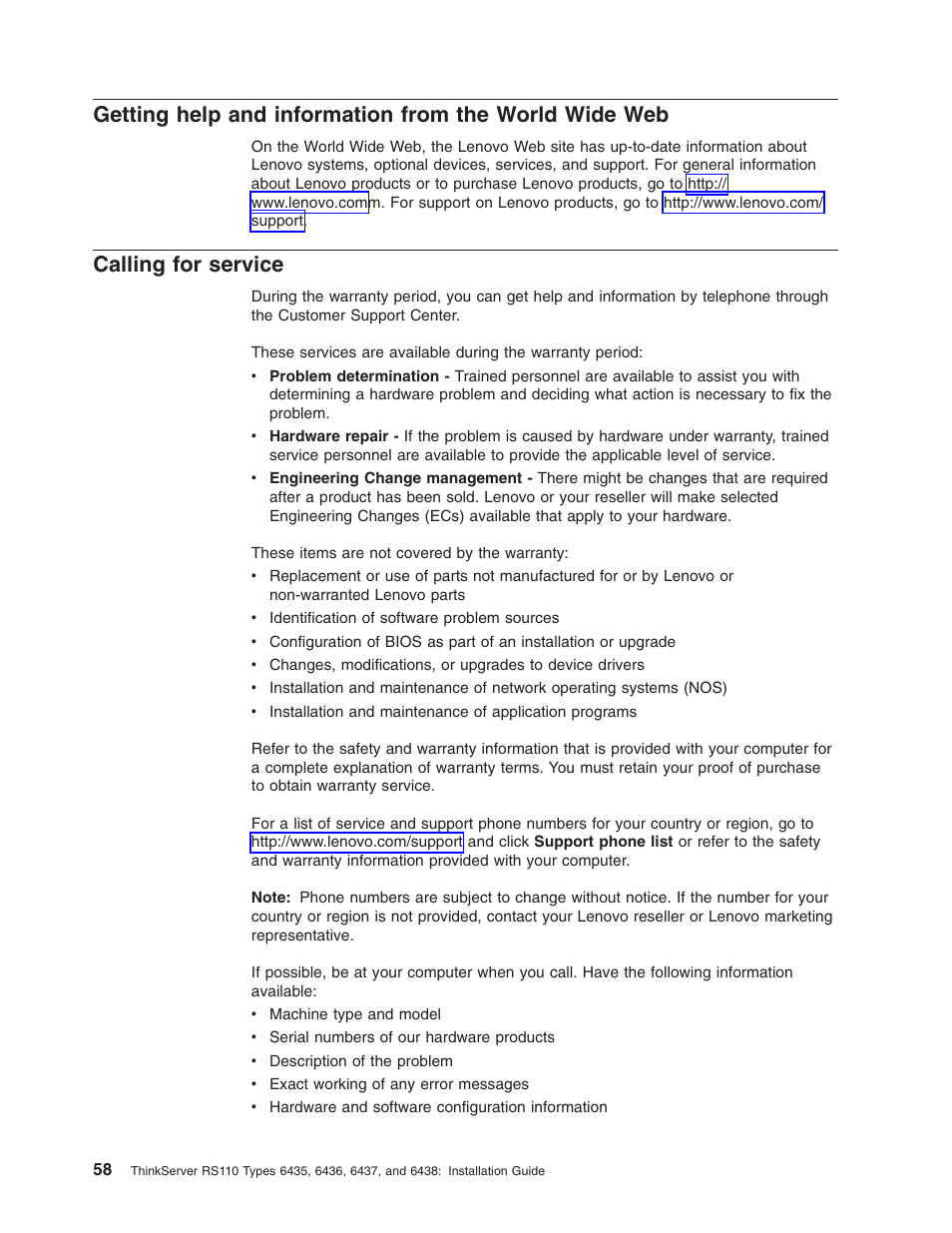 Calling for service, Getting, Help | Information, From, World, Wide, Calling, Service | Lenovo 6435 User Manual | Page 72 / 88