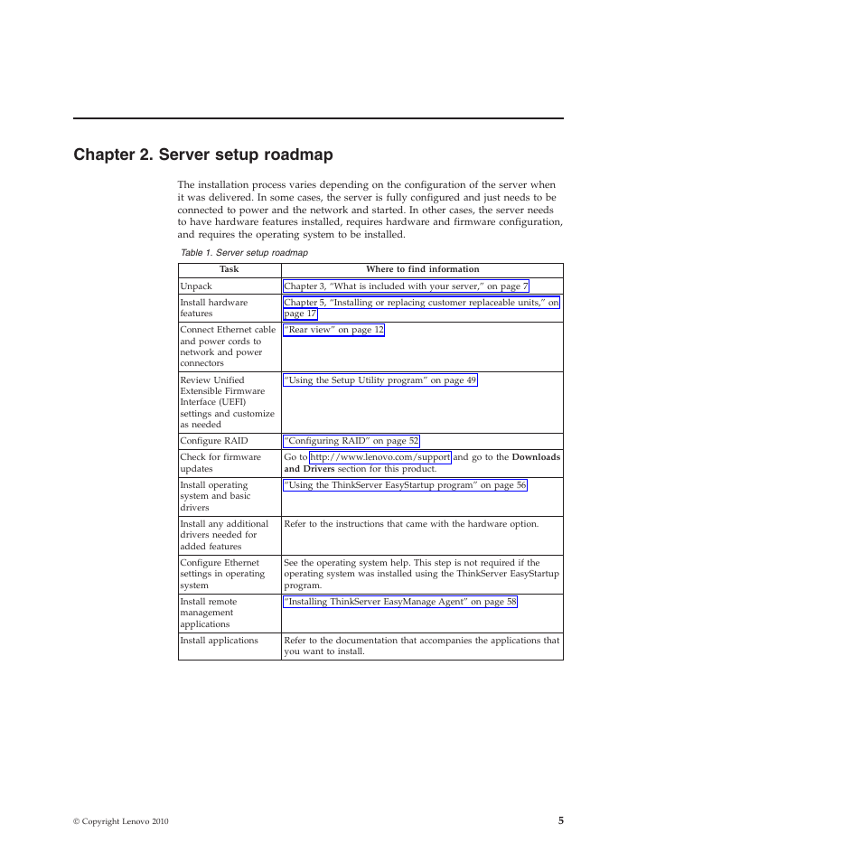 Chapter 2. server setup roadmap | Lenovo TS200V User Manual | Page 21 / 96