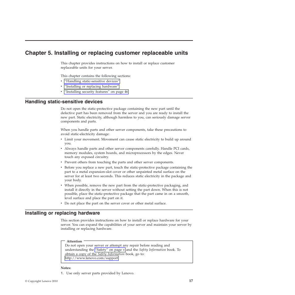 Handling static-sensitive devices, Installing or replacing hardware | Lenovo TS200V User Manual | Page 33 / 96