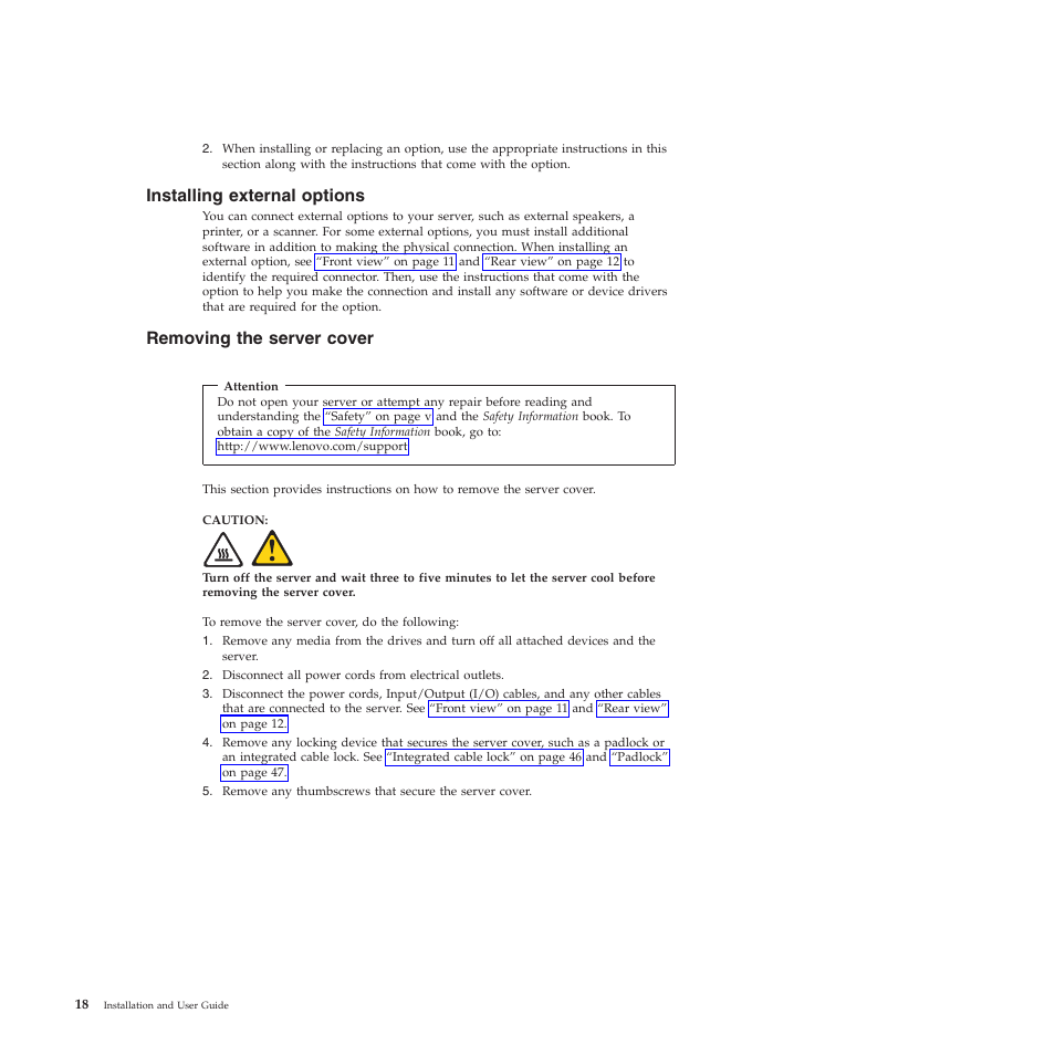 Installing external options, Removing the server cover | Lenovo TS200V User Manual | Page 34 / 96