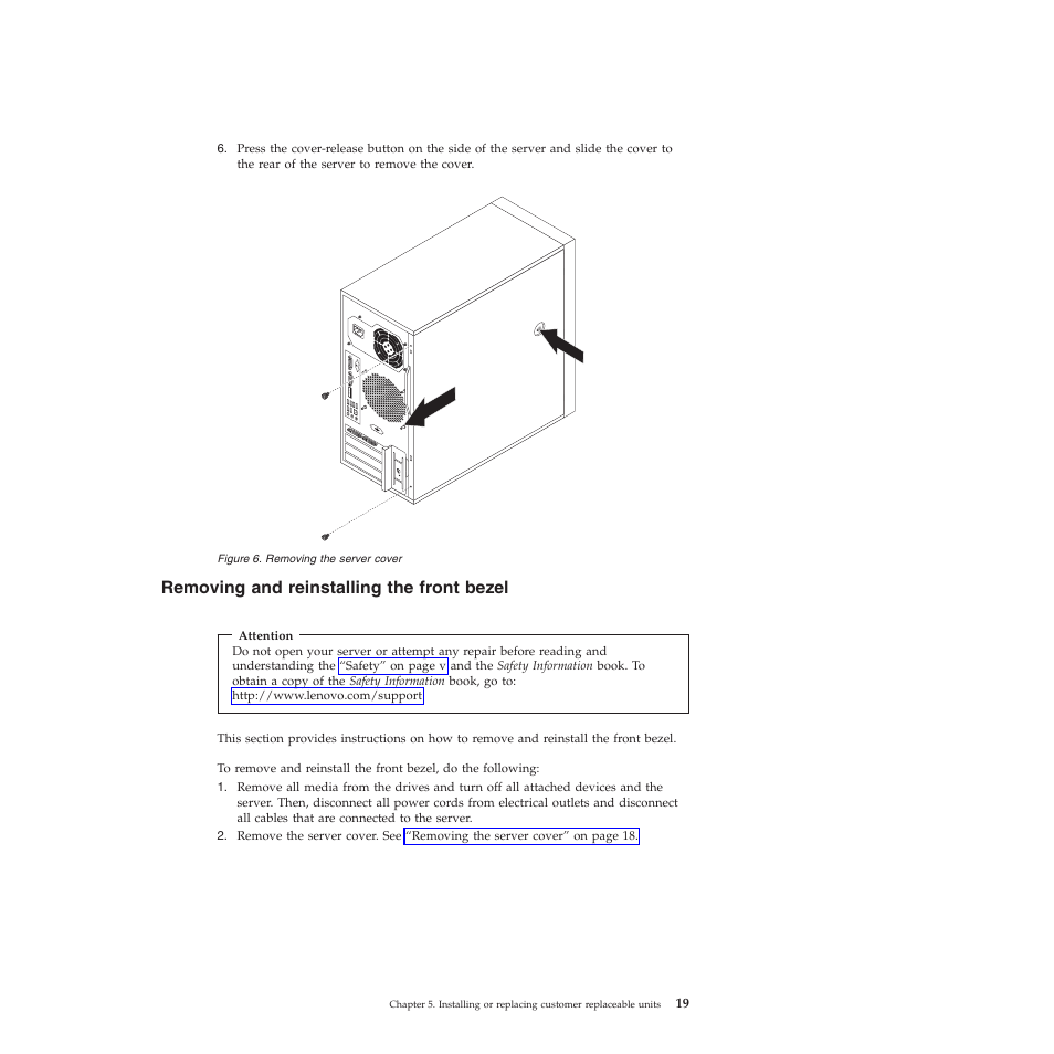 Removing and reinstalling the front bezel | Lenovo TS200V User Manual | Page 35 / 96