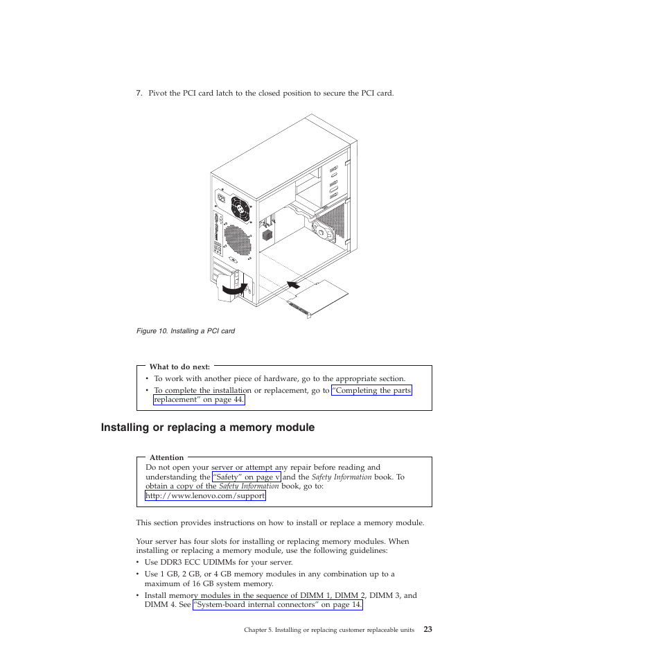 Installing or replacing a memory module | Lenovo TS200V User Manual | Page 39 / 96