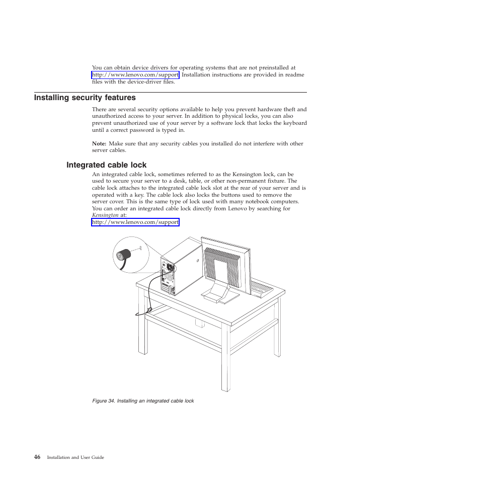 Installing security features, Integrated cable lock | Lenovo TS200V User Manual | Page 62 / 96