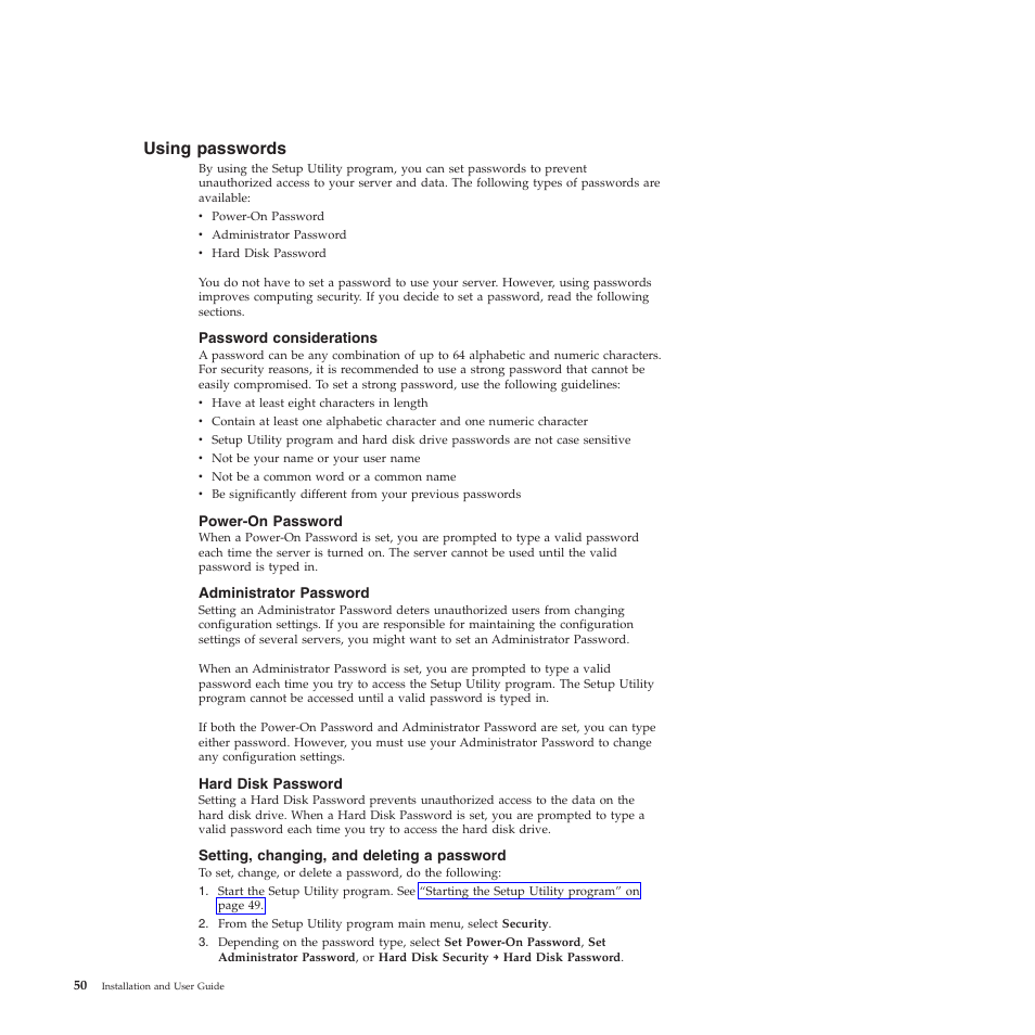 Using passwords, Password considerations, Power-on password | Administrator password, Hard disk password, Setting, changing, and deleting a password | Lenovo TS200V User Manual | Page 66 / 96