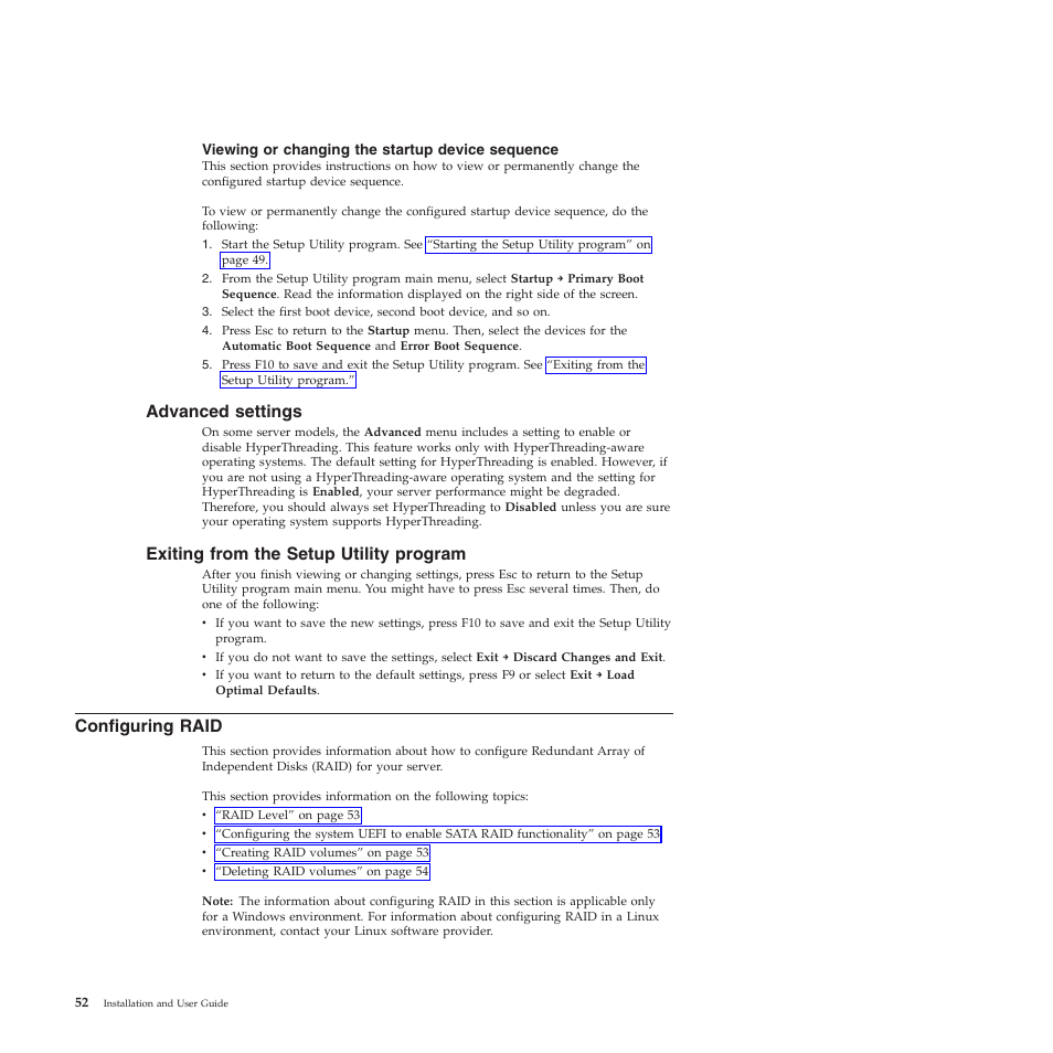 Viewing or changing the startup device sequence, Advanced settings, Exiting from the setup utility program | Configuring raid | Lenovo TS200V User Manual | Page 68 / 96