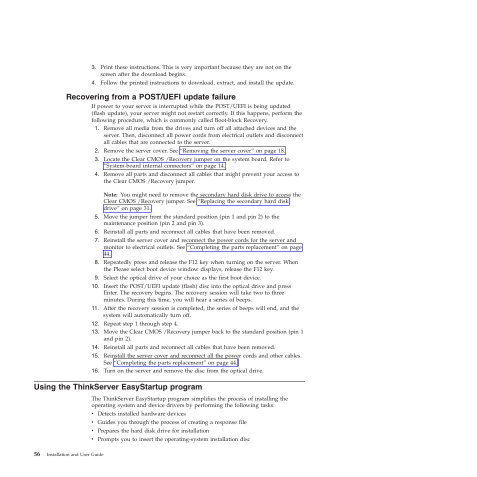 Recovering from a post/uefi update failure, Using the thinkserver easystartup program | Lenovo TS200V User Manual | Page 72 / 96