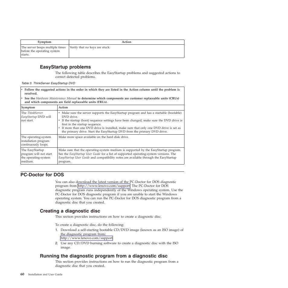 Easystartup problems, Pc-doctor for dos, Creating a diagnostic disc | Lenovo TS200V User Manual | Page 76 / 96