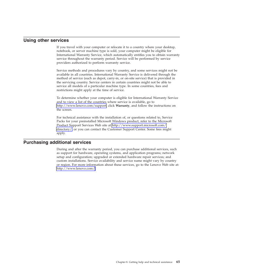 Using other services, Purchasing additional services | Lenovo TS200V User Manual | Page 81 / 96