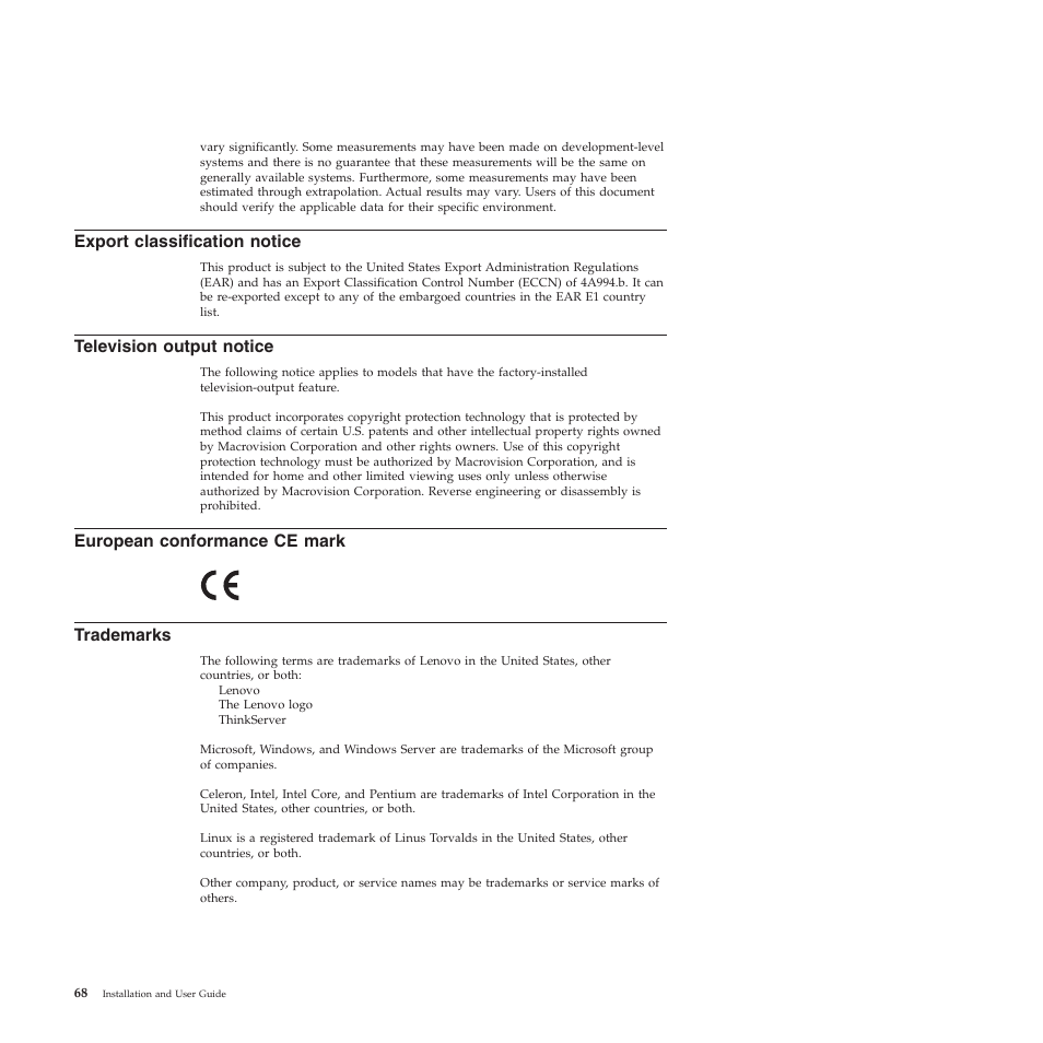 Export classification notice, Television output notice, European conformance ce mark | Trademarks | Lenovo TS200V User Manual | Page 84 / 96