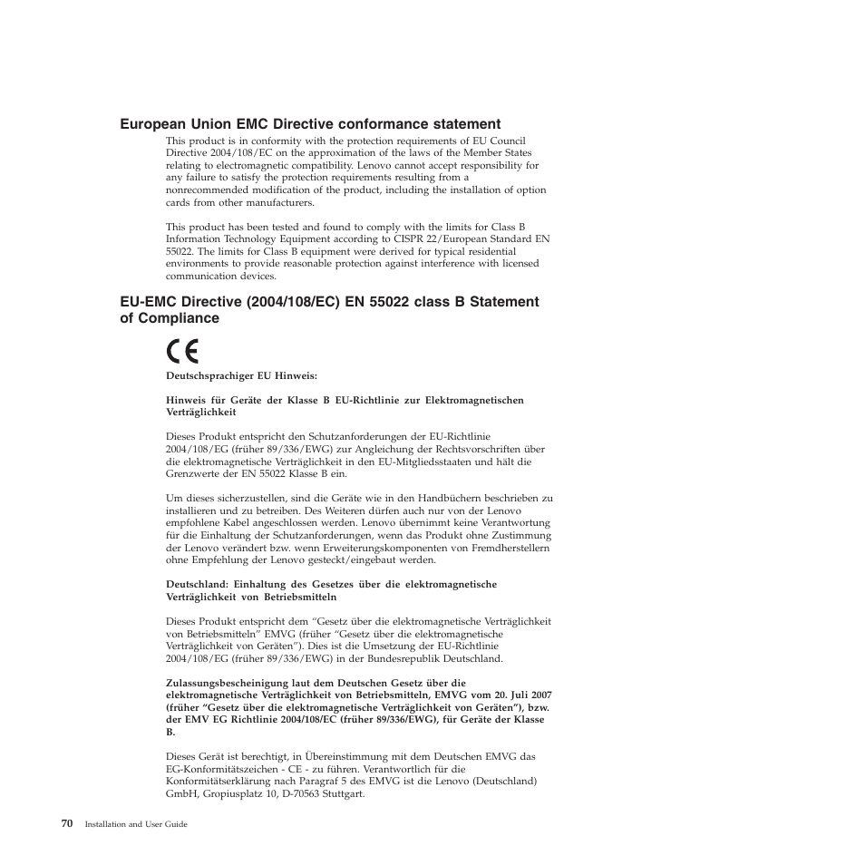 European union emc directive conformance statement | Lenovo TS200V User Manual | Page 86 / 96