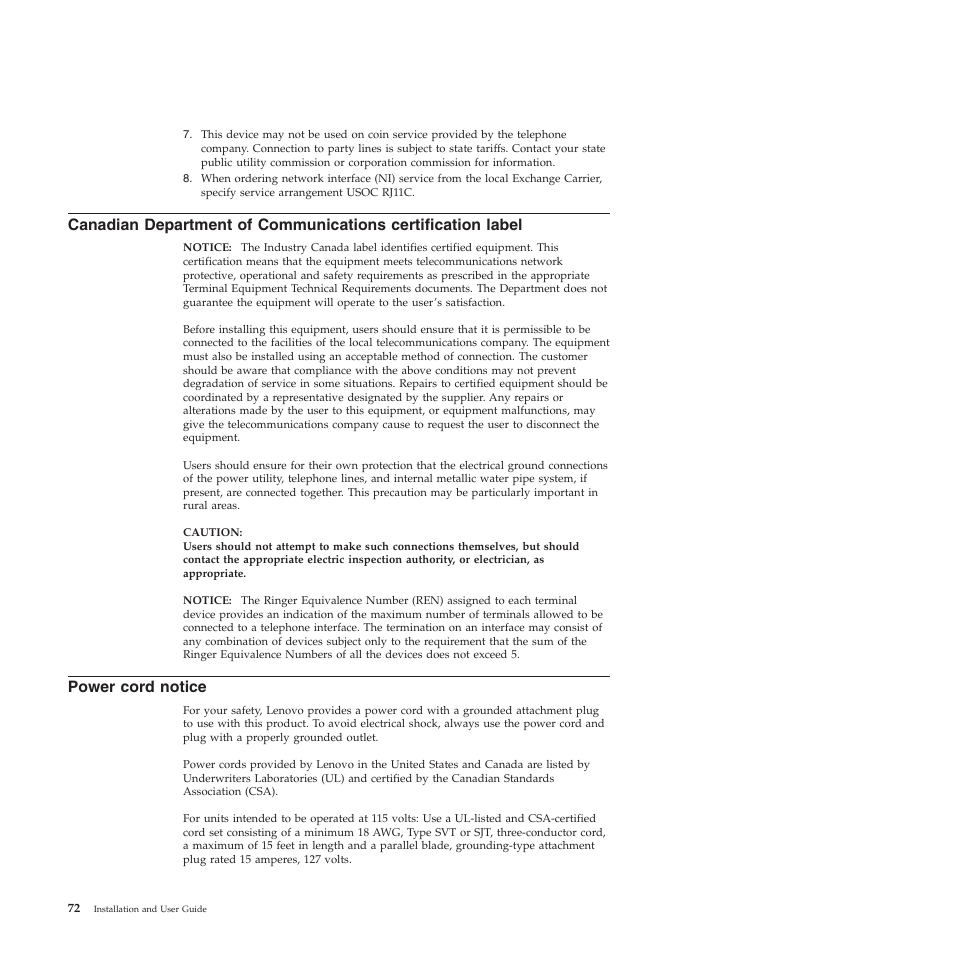 Power cord notice | Lenovo TS200V User Manual | Page 88 / 96