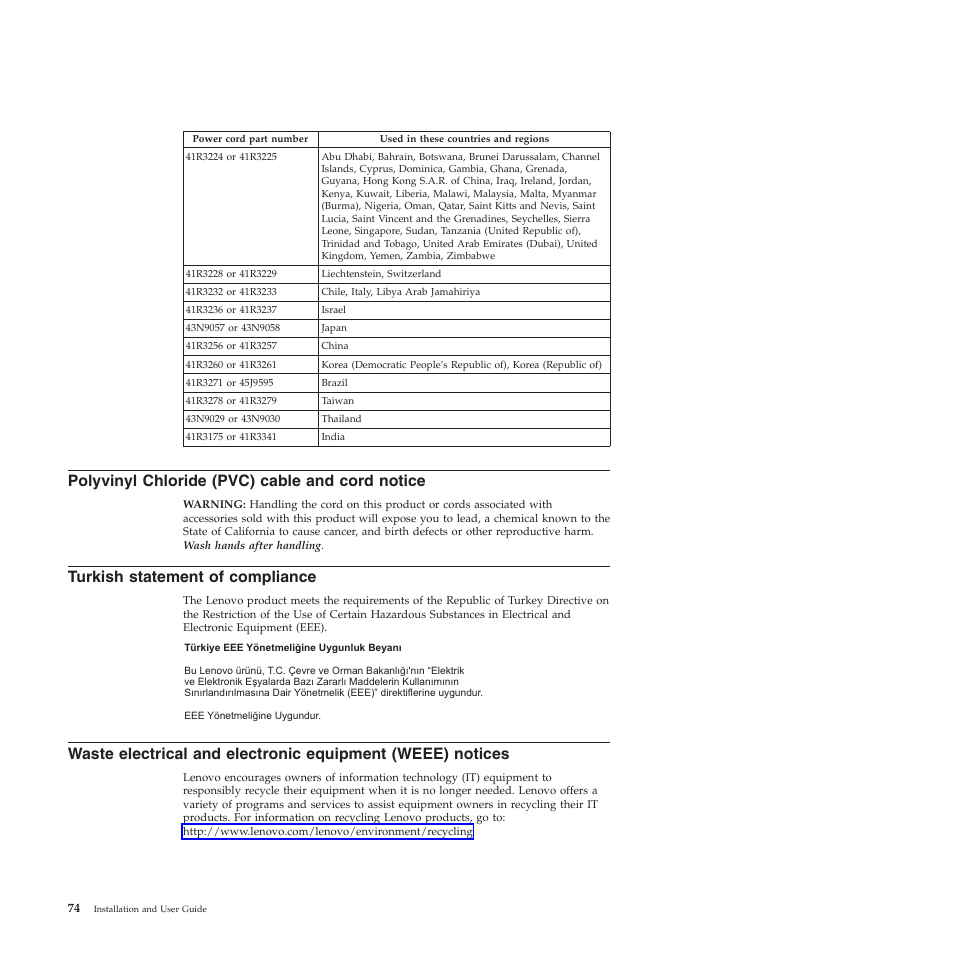 Polyvinyl chloride (pvc) cable and cord notice, Turkish statement of compliance | Lenovo TS200V User Manual | Page 90 / 96