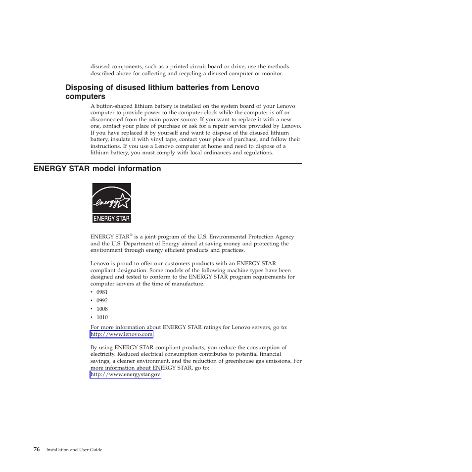 Energy star model information | Lenovo TS200V User Manual | Page 92 / 96