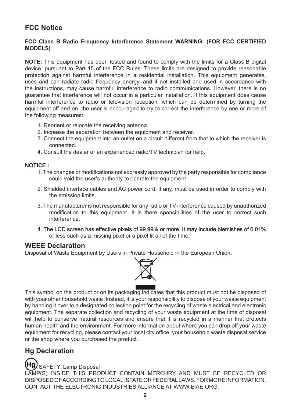 Fcc notice, Weee declaration, Hg declaration | Lenovo D1960 User Manual | Page 4 / 21