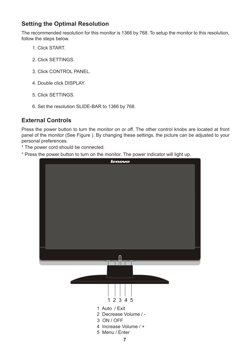 Setting the optimal resolution, External controls | Lenovo D1960 User Manual | Page 9 / 21