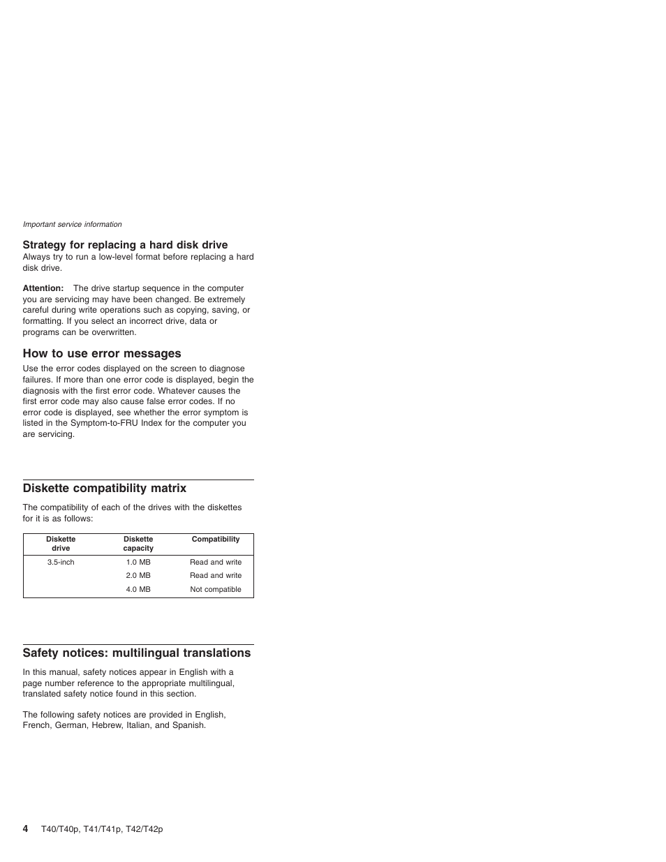 Strategy for replacing a hard disk drive, How to use error messages, Diskette compatibility matrix | Safety notices: multilingual translations, Error, Messages, Diskette, Compatibility, Matrix, Safety | Lenovo THINKPAD T41/T41P User Manual | Page 10 / 260