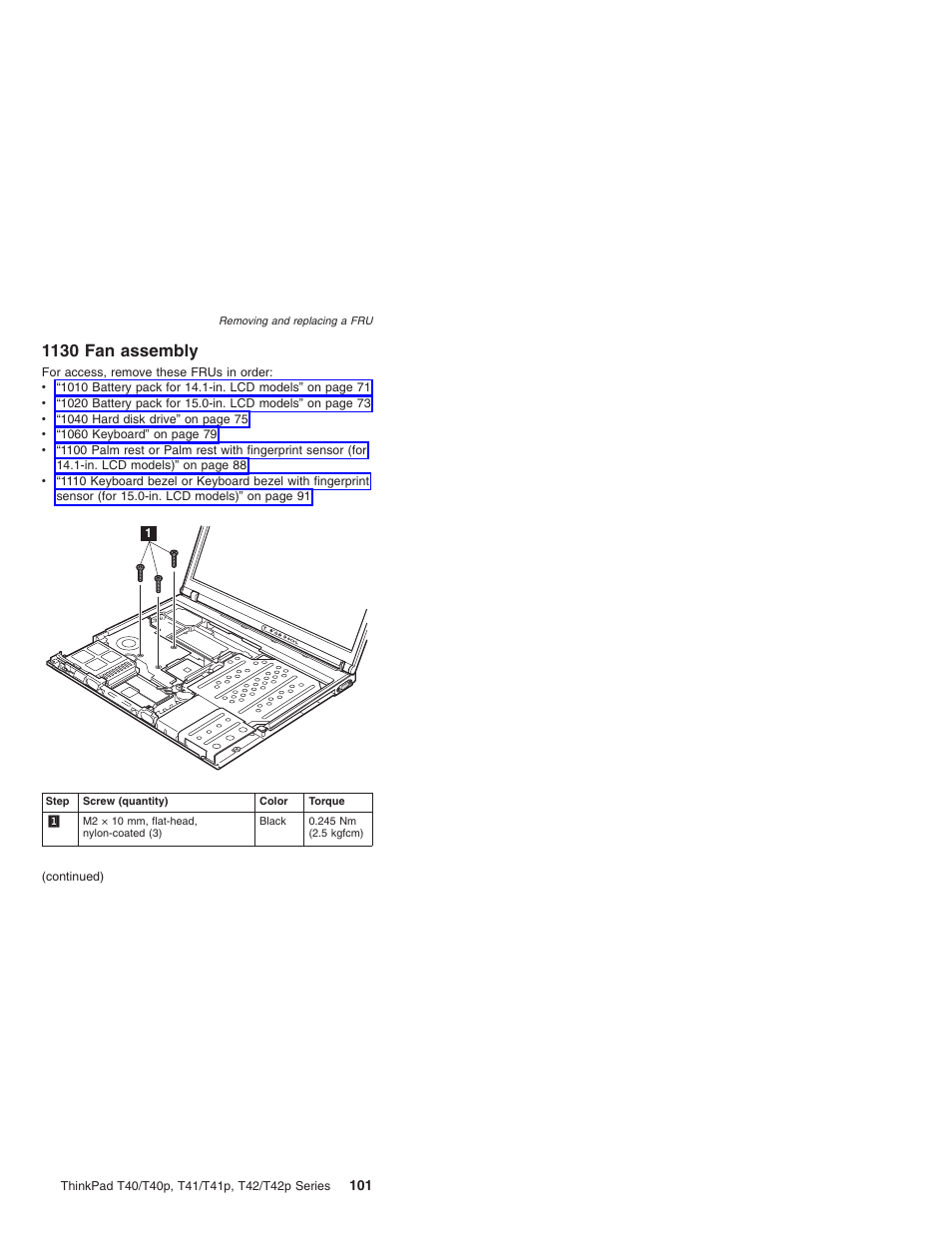 1130 fan assembly, Assembly | Lenovo THINKPAD T41/T41P User Manual | Page 107 / 260