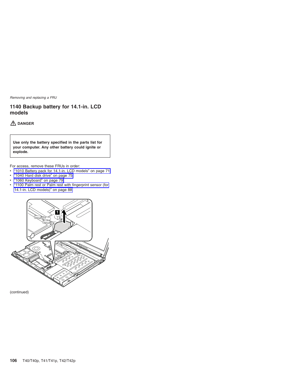 1140 backup battery for 14.1-in. lcd models, Backup, Battery | Models | Lenovo THINKPAD T41/T41P User Manual | Page 112 / 260