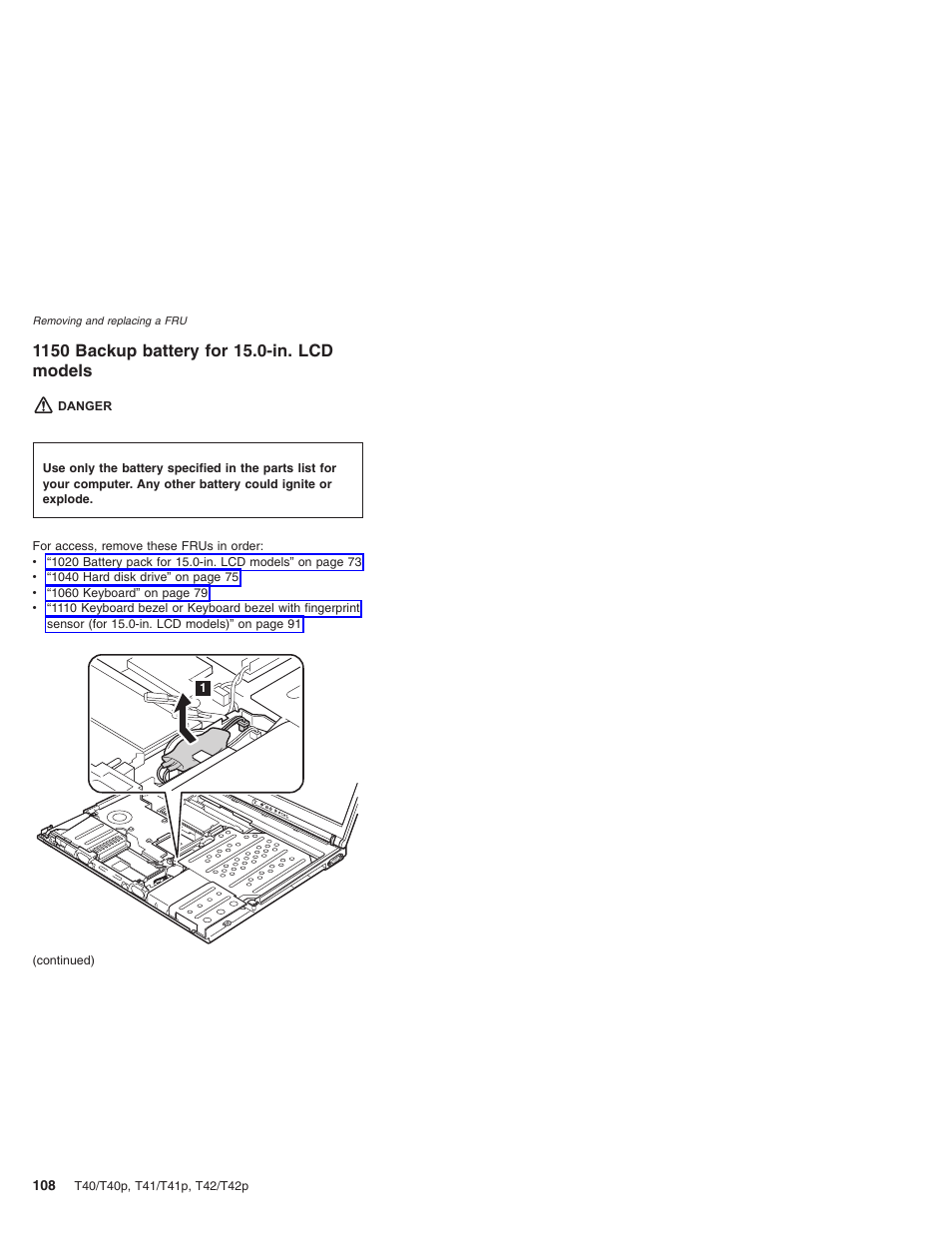 1150 backup battery for 15.0-in. lcd models, Backup, Battery | Models | Lenovo THINKPAD T41/T41P User Manual | Page 114 / 260