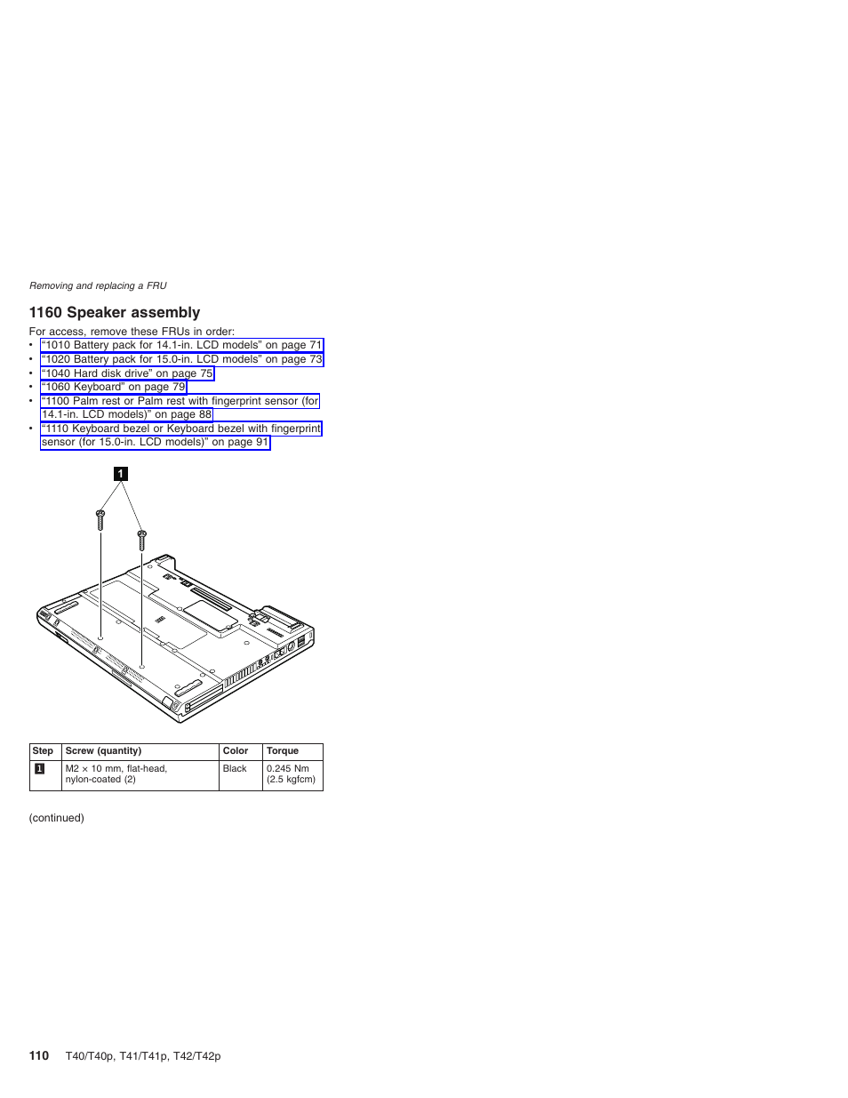 1160 speaker assembly, Speaker, Assembly | Lenovo THINKPAD T41/T41P User Manual | Page 116 / 260