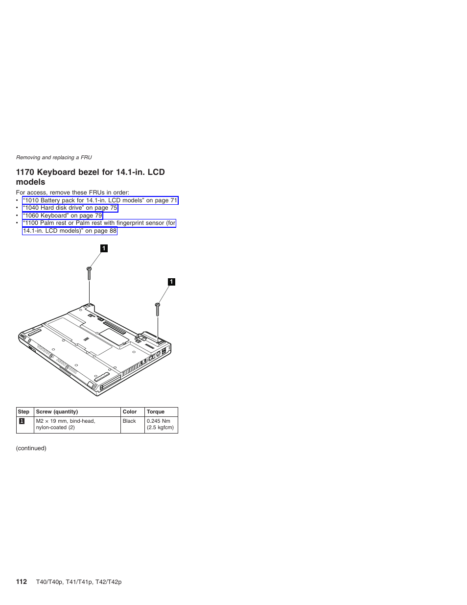 1170 keyboard bezel for 14.1-in. lcd models, Keyboard, Bezel | Models | Lenovo THINKPAD T41/T41P User Manual | Page 118 / 260