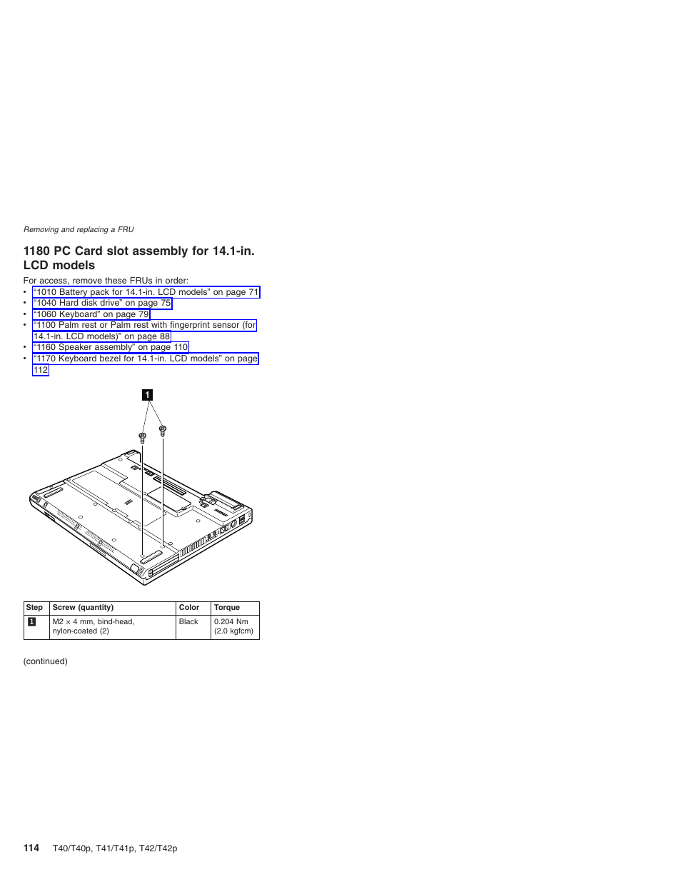 1180 pc card slot assembly for 14.1-in. lcd models, Card, Slot | Assembly, Models | Lenovo THINKPAD T41/T41P User Manual | Page 120 / 260