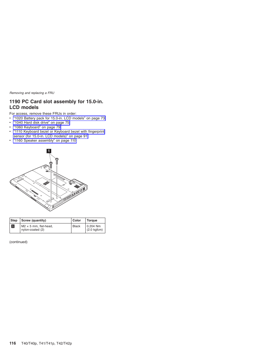 1190 pc card slot assembly for 15.0-in. lcd models, Card, Slot | Assembly, Models | Lenovo THINKPAD T41/T41P User Manual | Page 122 / 260