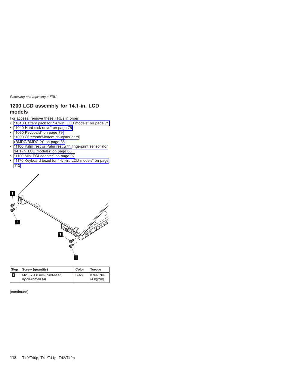 1200 lcd assembly for 14.1-in. lcd models, Assembly, Models | Lenovo THINKPAD T41/T41P User Manual | Page 124 / 260